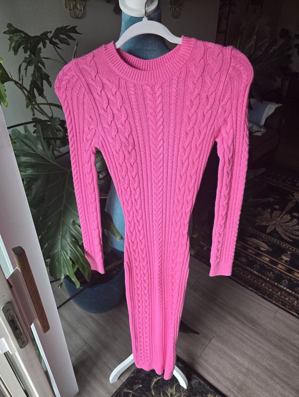 Pink Cable-Knit Long Sleeve Sweater Dress